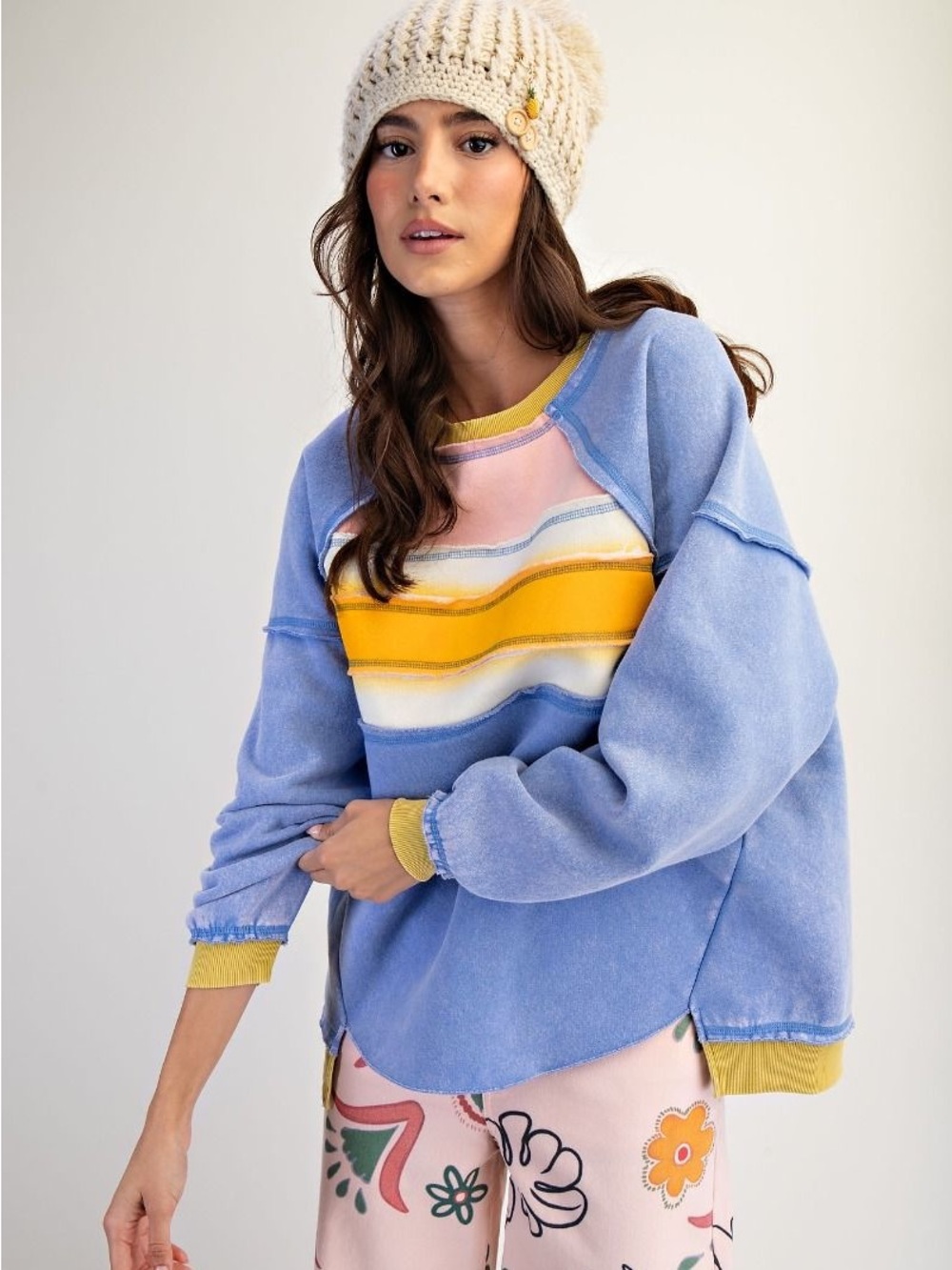 189. EASEL oversized mineral wash muticolor soft blue sweatshirt